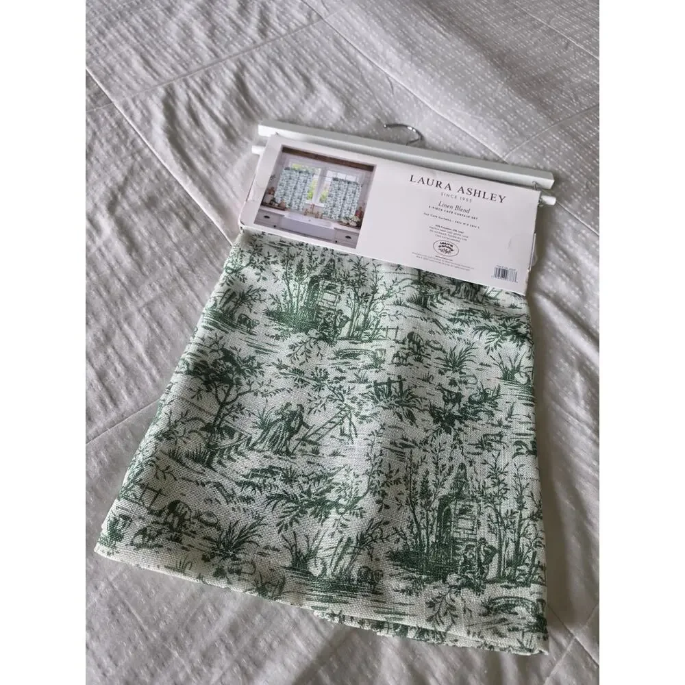 NEW Laura Ashley Green Toile Linen blend Cafe Curtains